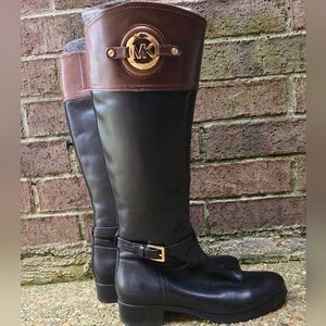 Michael Kors Fulton Tall Riding Boots Black Brown Leather Gold Logo W8